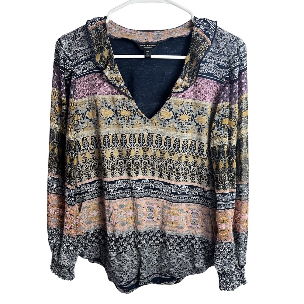 Lucky Brand Long Sleeved Mixed Media Blouse Size Small Boho Navy‎ Pink